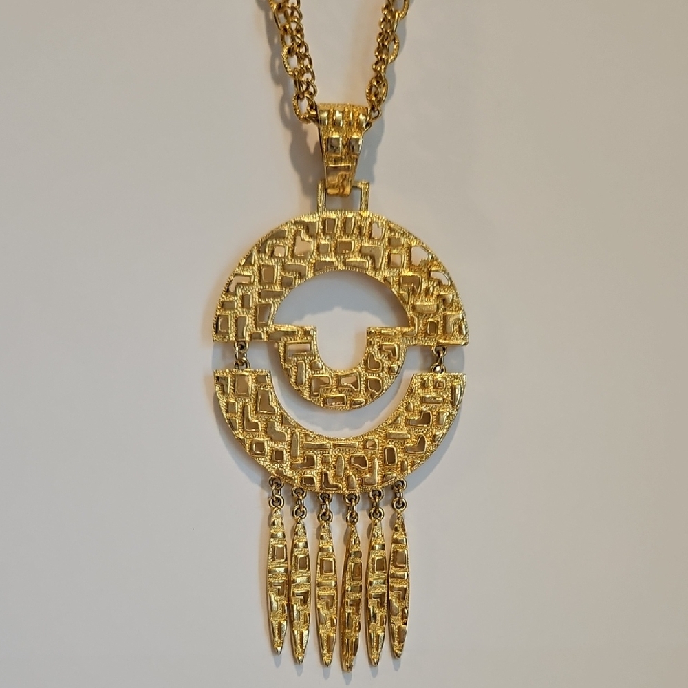 Vintage 60's Goldette Style Egyptian Revival Statement Pendant Tassels Necklace